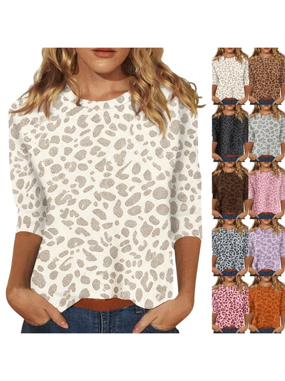 Women's 3/4 Sleeve Leopard Print Round Neck Tunic Top, Casual Loose Fit Flowy Blouse, Soft Breathable Knit Shirt for Daily Office Weekend Casual Wear Beige L