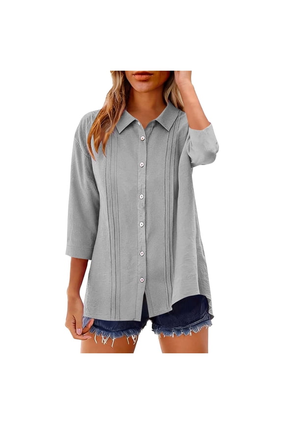 Women's 3/4 Sleeve Linen-Cotton Shirt Button Down Casual Office Blouse Solid Color Loose Fit Top for Daily Work Wear,M,Gray