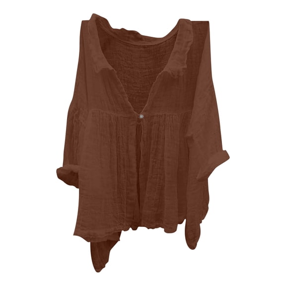 Women's 3/4 Sleeve Linen Shirt - Casual Lapel Button down Blouse - Breathable Summer Office Top (S-XXXL) | Yubnlvae (Brown | XL)