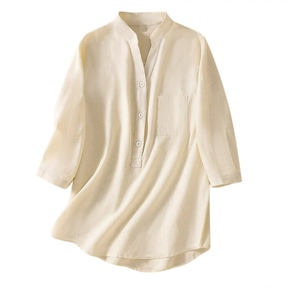 Women's 3/4 Sleeve Linen Shirts Tops Solid Color Lightweight Loose Button up V Neck T Shirts Casual Comfy Fall Blouses