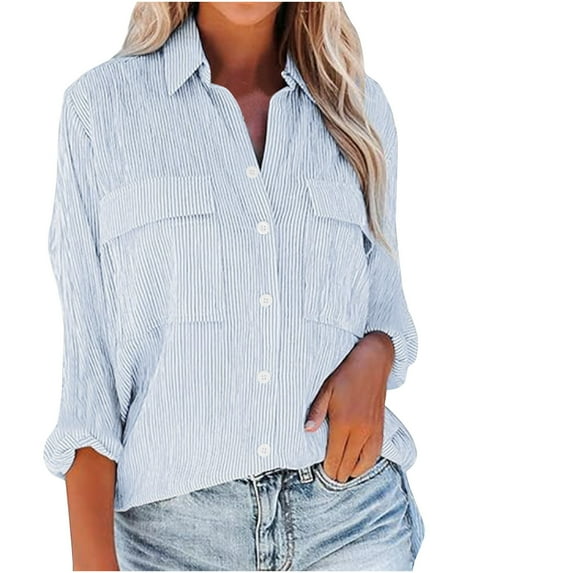 Women's 3/4 Sleeve Loose Button Down Shirt Blouse V-Neck Textured Tops Casual Work Shirt with Pocket Trendy Outfits
