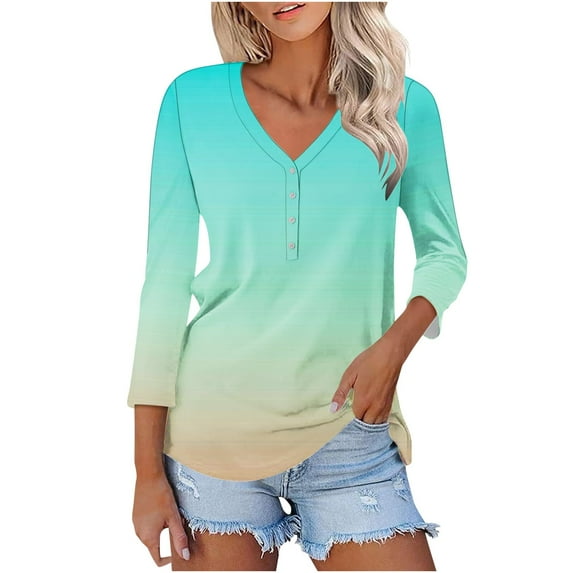 Women's 3/4 Sleeve Loose Fit Flowy Tunic Tops 1/4 Button up Blouse Vintage Summer Clothes for Teen Girls Dressy Casual Tops Fashion 2024 Gradient Color Henley Neck Flowy Shirts Khaki T Shirts XXL
