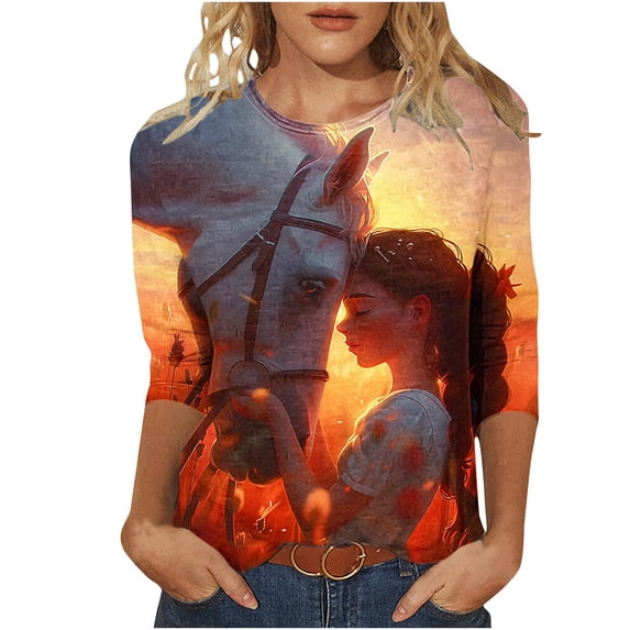 Women's 3/4 Sleeve Loose Fit Flowy Tunic Tops Dressy Casual Tops Fashion 2024 Vintage Round Neck Blouse Spring Elegant Shirts Summer Clothes for Teen Girls Wild Horse Print Orange T Shirts XXL