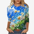 thumbnail image 1 of Women's 3/4 Sleeve Loose Fit Flowy Tunic Tops Dressy Casual Tops Gradient Floral Print Shirts Fashion Vintage Summer Clothes Spring Elegant Shirts Round Neck Blouse Light Blue T Shirts XXL, 1 of 5