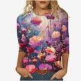 thumbnail image 1 of Women's 3/4 Sleeve Loose Fit Flowy Tunic Tops Dressy Casual Tops Gradient Floral Print Shirts Round Neck Blouse Summer Clothes for Teen Girls Spring Elegant Shirts Fashion Vintage Pink T Shirts L, 1 of 5