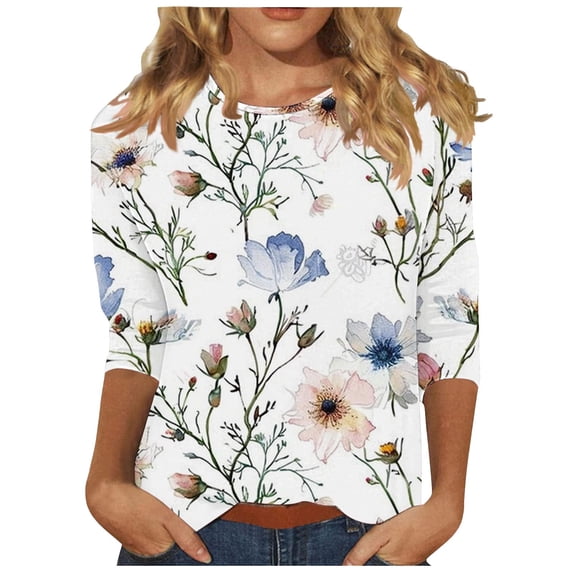 Women's 3/4 Sleeve Loose Fit Flowy Tunic Tops Dressy Casual Tops Summer Clothes for Teen Girls Spring Elegant Shirts Vintage Fashion 2024 Round Neck Blouse Tie Dye Floal Printing White T Shirts XL