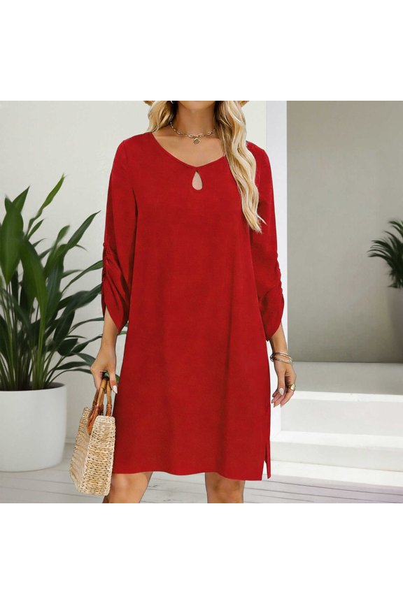 Women's 3/4 Sleeve Loose Mini Dress Keyhole Neck Casual Shift Dress with Side Slit Soft Linen Breathable for Daily Vacation Wear Red S