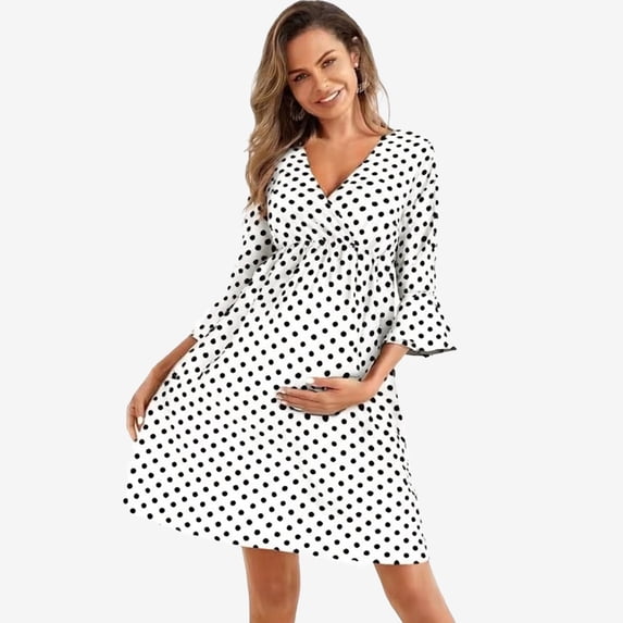 Women's 3/4 Sleeve Maternity Dress Pregnant Polka Dot Printed Loose Fit Casual V Neck Flowy Breastfeeding Summer Ruffed Hem Mini Dresses White S