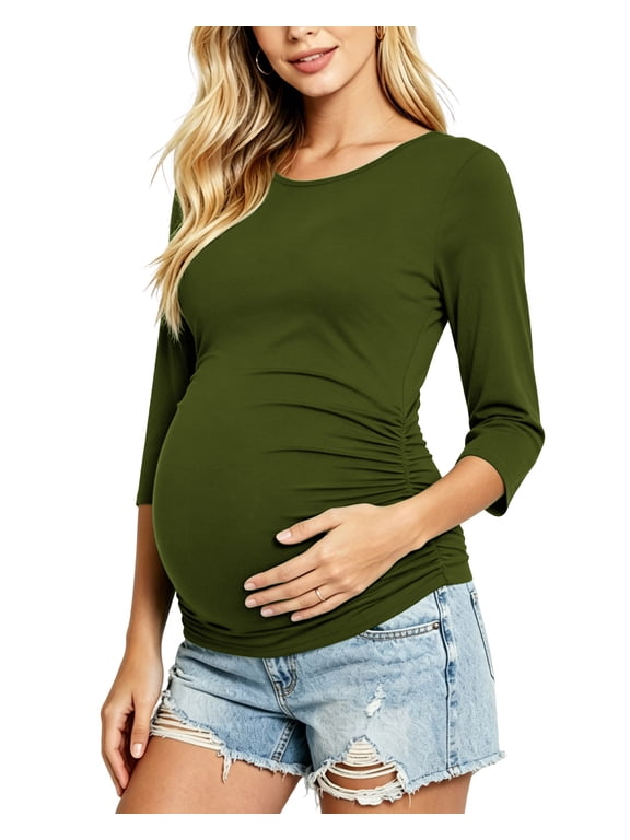 Women's 3/4 Sleeve Maternity Tops Shirts Ruched Maternity Clothes