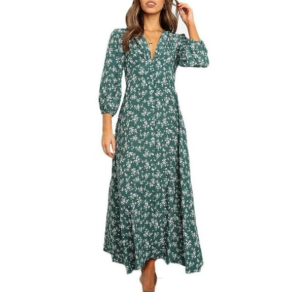Women's 3/4 Sleeve Maxi Dress Button-Down Floral Print Long Dresses V-Neck Casual High Waist Boho Dress