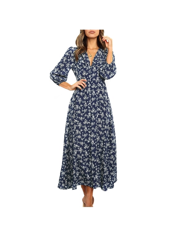 Women's 3/4 Sleeve Maxi Dress Button-Down Floral Print Long Dresses V-Neck Casual High Waist Boho Dress