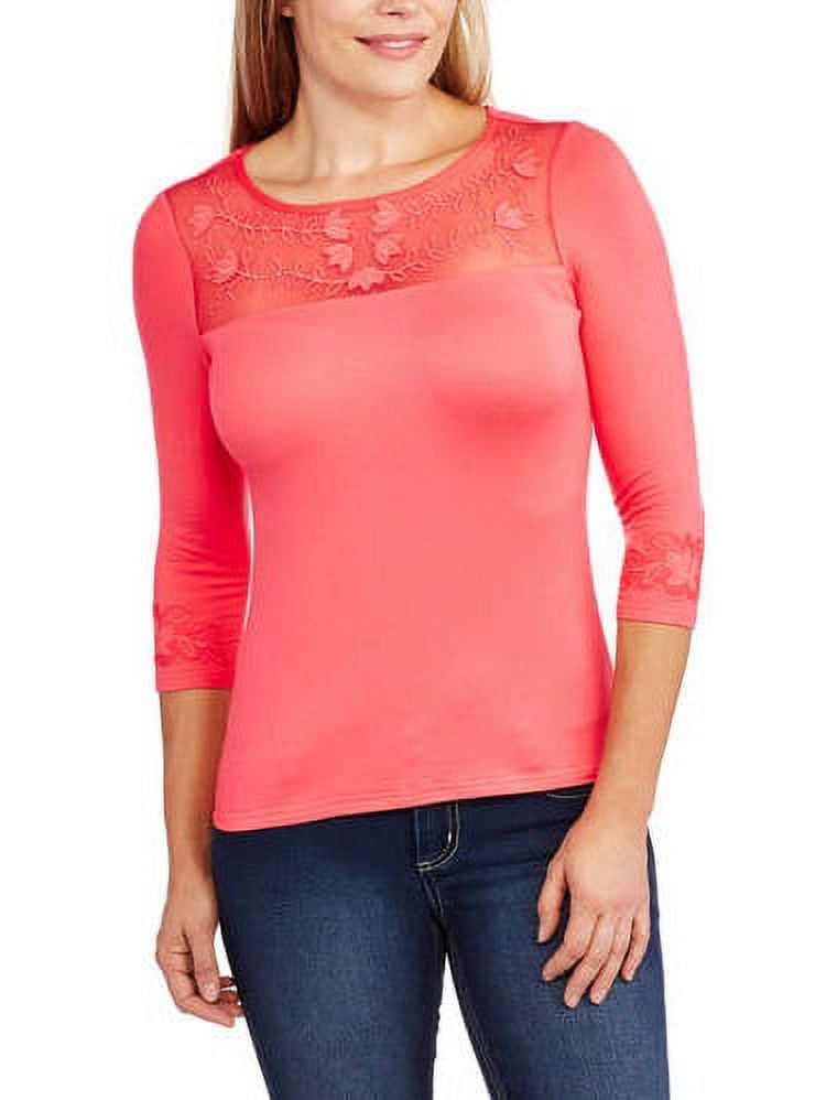 Women's 3/4 Sleeve Mesh Yoke Knit Top - Walmart.com