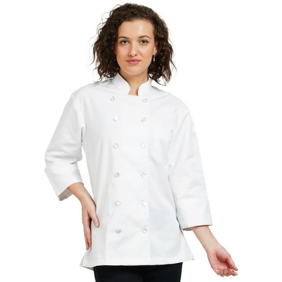 Women's 3/4 Sleeve New Design Chef Coat Jacket Black & White Uniform for Food Service, Caterers and Culinary Professional.