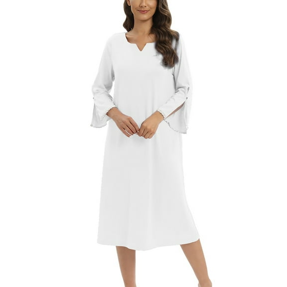 Women's 3/4 Sleeve Nightgown Slot Neck Sleepwear Nightshirt Side Slit Flared Sleeve Loungewear Mid-Calf Length Sleep Dress Soft Pajamas Dress Loungewear S-2XL