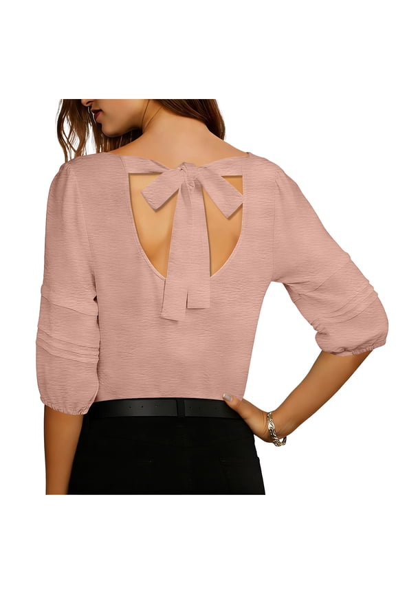Women's 3/4 Sleeve Open-Back Blouse Crew Neck Bow-Tie Back Fashion Shirt Versatile Casual Summer Top,XXL,Pink
