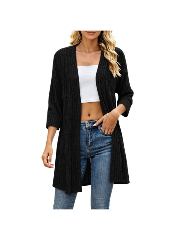 Women's 3/4 Sleeve Open Front Cardigan Ribbed Knit Relaxed Fit Lightweight Long Duster Outerwear Casual Fall Winter Tops