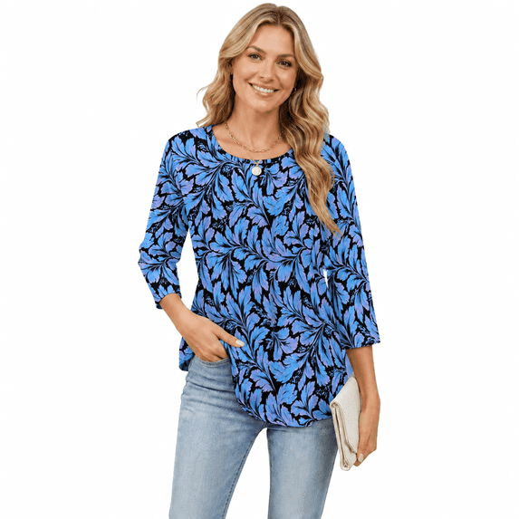 Women's 3/4 Sleeve Pleated Floral Tunic Top Casual Blouse