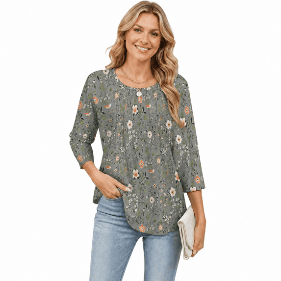 Women's 3/4 Sleeve Pleated Floral Tunic Top Casual Blouse