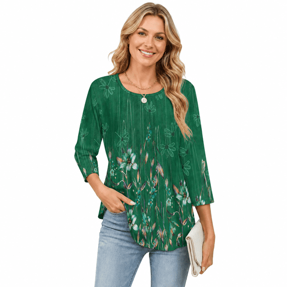 Women's 3/4 Sleeve Pleated Floral Tunic Top Casual Blouse