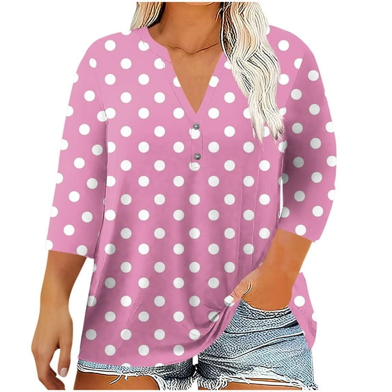 Women's 3/4 Sleeve Plus Size Tops Polka Dots Print Button V Neck Casual Fashion Graphic Tee Tshirts L-5X (2XL, Pink)