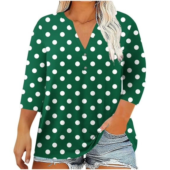 Women's 3/4 Sleeve Plus Size Tops Polka Dots Print Button V Neck Casual Fashion Graphic Tee Tshirts L-5X (4XL, Army Green)