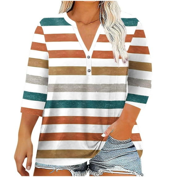 Women's 3/4 Sleeve Plus Size Tops Polka Dots Print Button V Neck Casual Fashion Graphic Tee Tshirts L-5X (4XL, Orange|Striped)