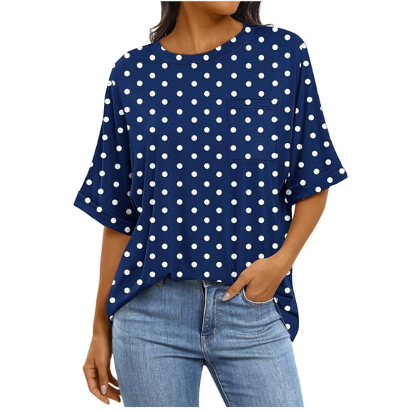 Women's 3/4 Sleeve Polka Dots Crewneck Blouse – Loose Fit Business Casual Tunic Shirt with Chest Pocket, Plus Size Summer Workwear