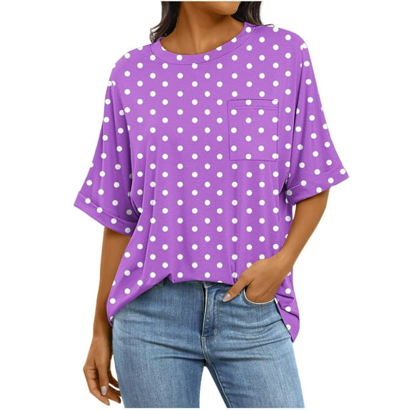 Women's 3/4 Sleeve Polka Dots Crewneck Blouse – Loose Fit Business Casual Tunic Shirt with Chest Pocket, Plus Size Summer Workwear