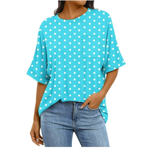 Women's 3/4 Sleeve Polka Dots Crewneck Blouse – Loose Fit Business Casual Tunic Shirt with Chest Pocket, Plus Size Summer Workwear