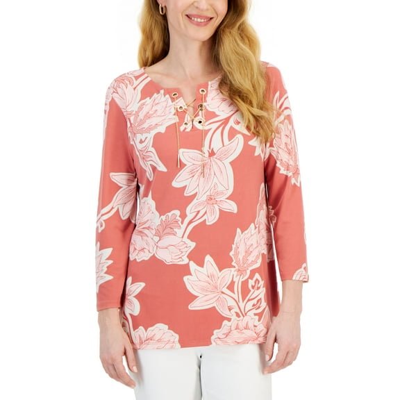 Women's 3/4 Sleeve Printed Chain Lace-Up Tunic  Peach Bliss L
