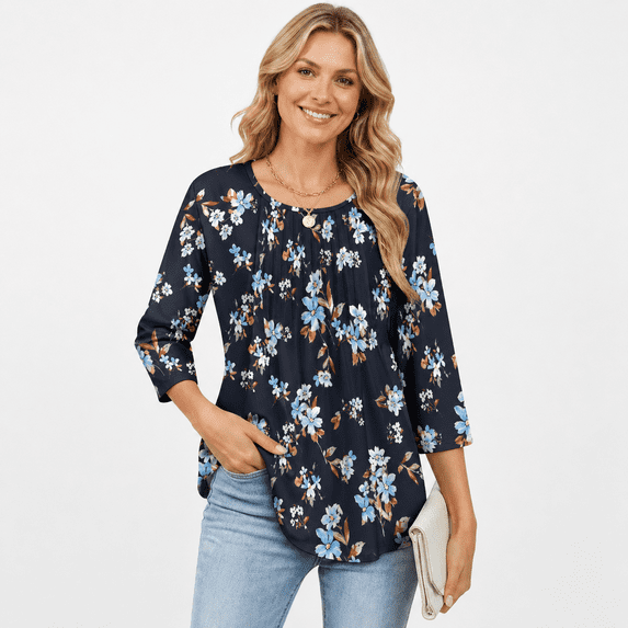 Women's 3/4 Sleeve Printed Pleated Neck Casual Tunic Top