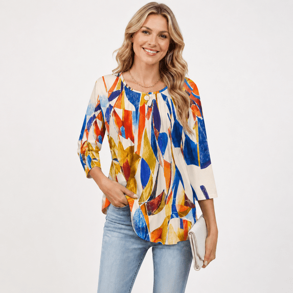 Women's 3/4 Sleeve Printed Pleated Round Neck Tunic Blouse