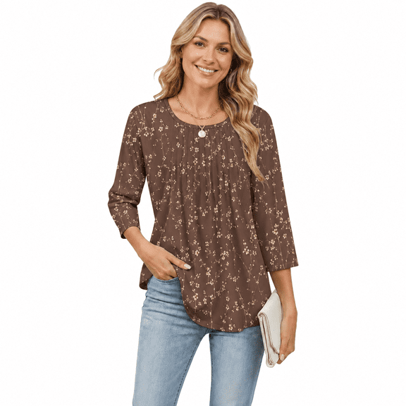 Women's 3/4 Sleeve Printed Pleated Round Neck Tunic Blouse
