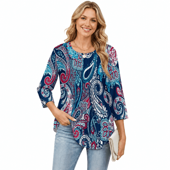 Women's 3/4 Sleeve Printed Tunic Top, Pleated Crew Neck
