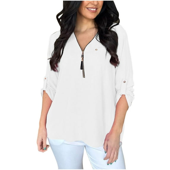 Women's 3/4 Sleeve Quarter Zip T-Shirts Casual Loose Solid Pullover Tops Summer 2025 Casual Tees White,XL