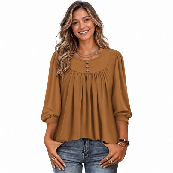 Women's 3/4 Sleeve Round Neck Blouse, Button Front Pleated Casual Loose Fit Tunic Top