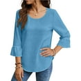 thumbnail image 1 of Women's 3/4 Sleeve Round Neck Casual Blouses Solid Color Ruffle Cuff Relaxed Fit Tops Ideal for Spring Summer Casual Daily Wear, 1 of 8