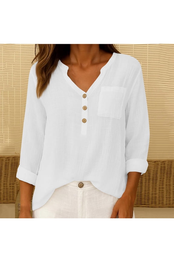 Women's 3/4 Sleeve Round Neck Casual T-Shirt Top, Soft Polyester Solid Color Blouse for Spring and Everyday Wear