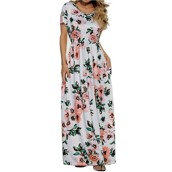 Women's 3/4 Sleeve Round Neck Gathered Waist Casual Stretched Rose Floral Maxi Dress with Hidden Side Pockets White L