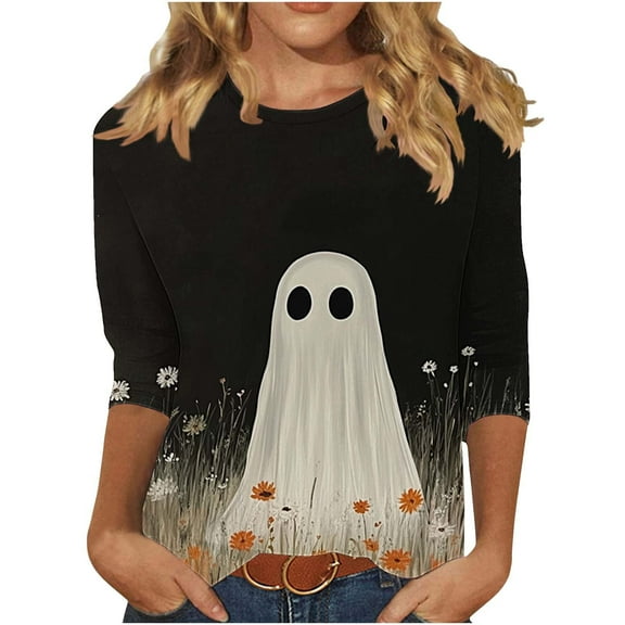 Women's 3/4 Sleeve Round Neck Halloween Printed Casual Fashion Top