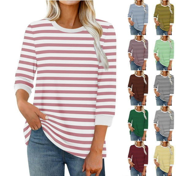 Women's 3/4 Sleeve Round Neck Pullover Blouses Tops Shirts Solid Color Casual Daily Wear Work Office Vacation Fashion Essential Gift for Women | Sopatenor,Blue XL
