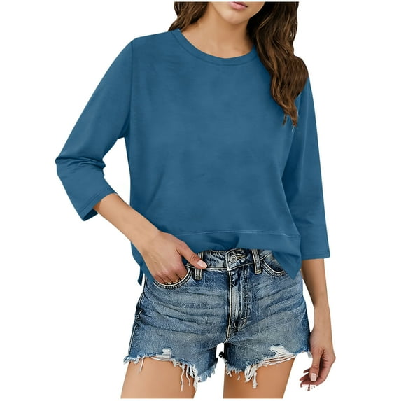Women's 3/4 Sleeve Round Neck Sweatshirts Solid Color Relaxed Fit Casual Pullover Tops Soft Comfy Shirt for Daily Work Wear