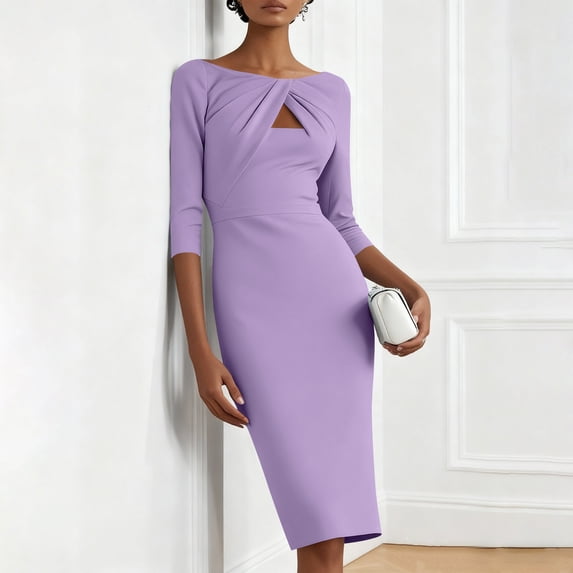Women's 3/4 Sleeve Round Neck Waisted Dress with Solid Color