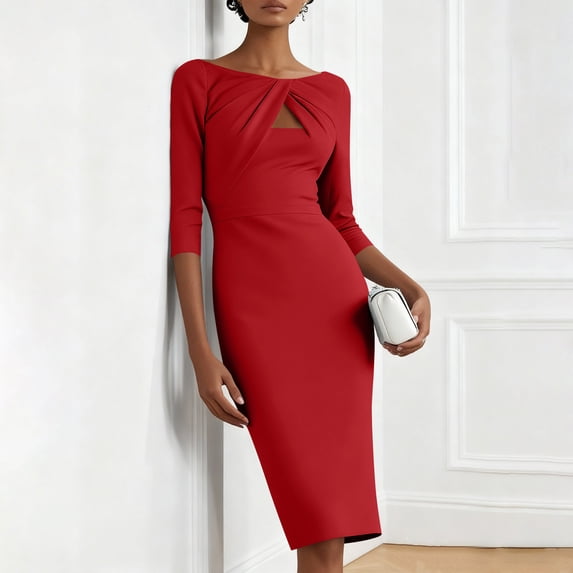 Women's 3/4 Sleeve Round Neck Waisted Dress with Solid Color