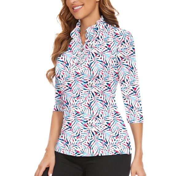 Women’s 3/4 Sleeve Ruffle Collar Polo Shirt UV Protection Button Up Golf Top Business Casual Dress Shirt Lightweight Tennis Blouse