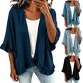 thumbnail image 1 of Women's 3/4 Sleeve Ruffle Denim Cardigan V Neck Open Front Loose Fitting Lightweight Jean Jacket Dark Blue S, 1 of 9
