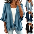 thumbnail image 1 of Women's 3/4 Sleeve Ruffle Denim Cardigan V Neck Open Front Loose Fitting Lightweight Jean Jacket Sky Blue S, 1 of 9