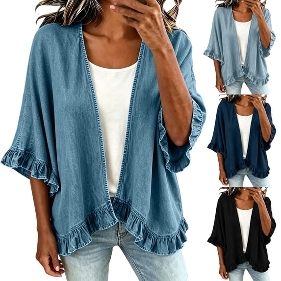 Women's 3/4 Sleeve Ruffle Denim Cardigan V Neck Open Front Loose Fitting Lightweight Jean Jacket Sky Blue S