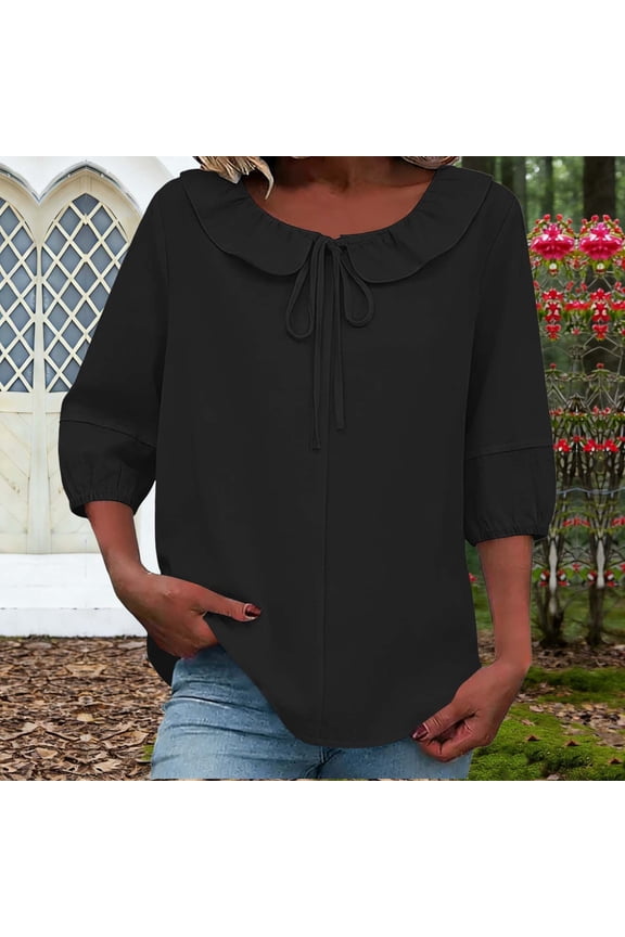 Women's 3/4 Sleeve Ruffle Puff Sleeve Top, Drawstring Hem Casual Blouse, Lightweight Breathable Solid Color Tunic, Spring Summer Round Neck Shirt