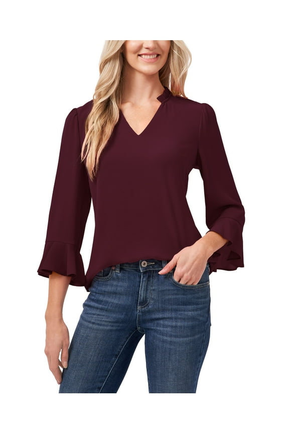 Women's 3/4 Sleeve Ruffle-Sleeve V-Neck Blouse Rich Cabernet XL